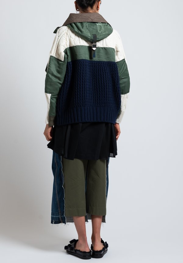 Sacai Hooded Multi-Fabric Knit Jacket in Off White/ Khaki	