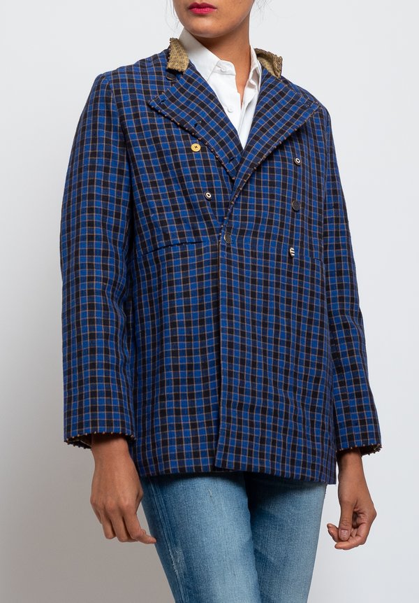 Péro Cotton/ Silk Pattern Jacket in Blue Checker	