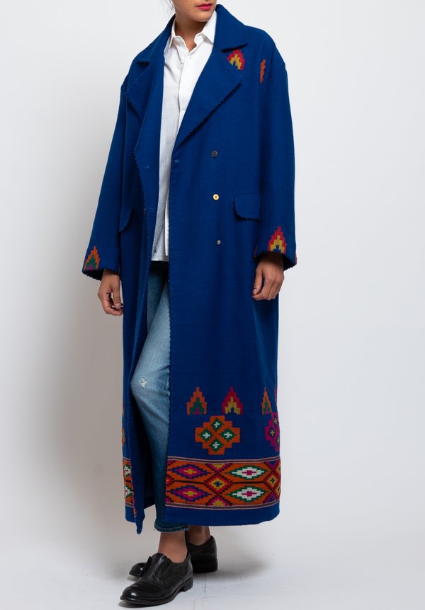 Péro Wool/ Silk Tribal Pattern Coat in Cobalt	