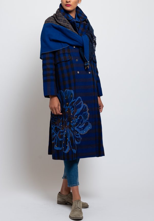 Péro Gingham Pattern & Embroidered Coat in Brown/ Cobalt | Santa Fe Dry ...