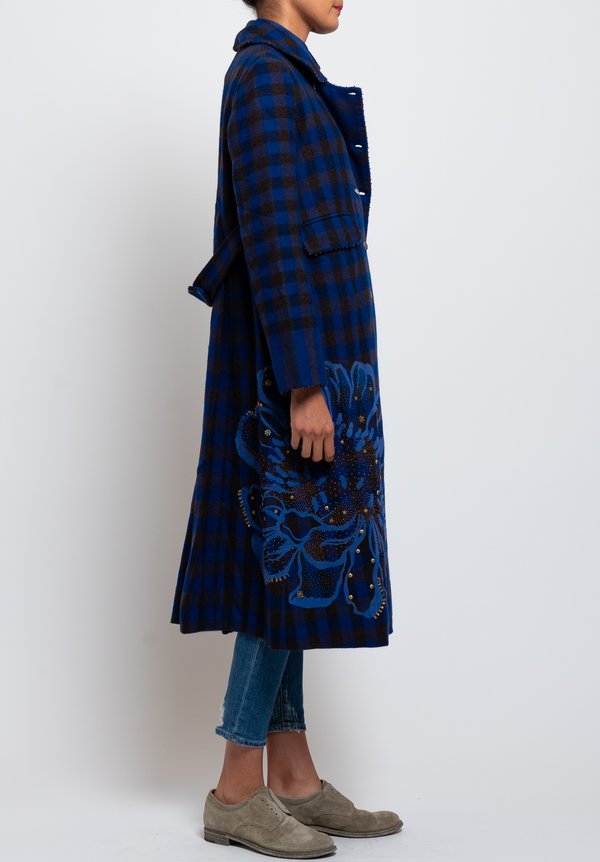 Péro Gingham Pattern & Embroidered Coat in Brown/ Cobalt | Santa Fe Dry ...