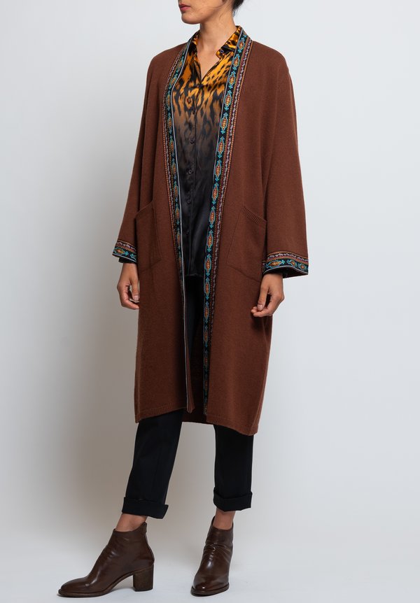 Etro Long Embroidered Ribbon Edge Cardigan in Brown	