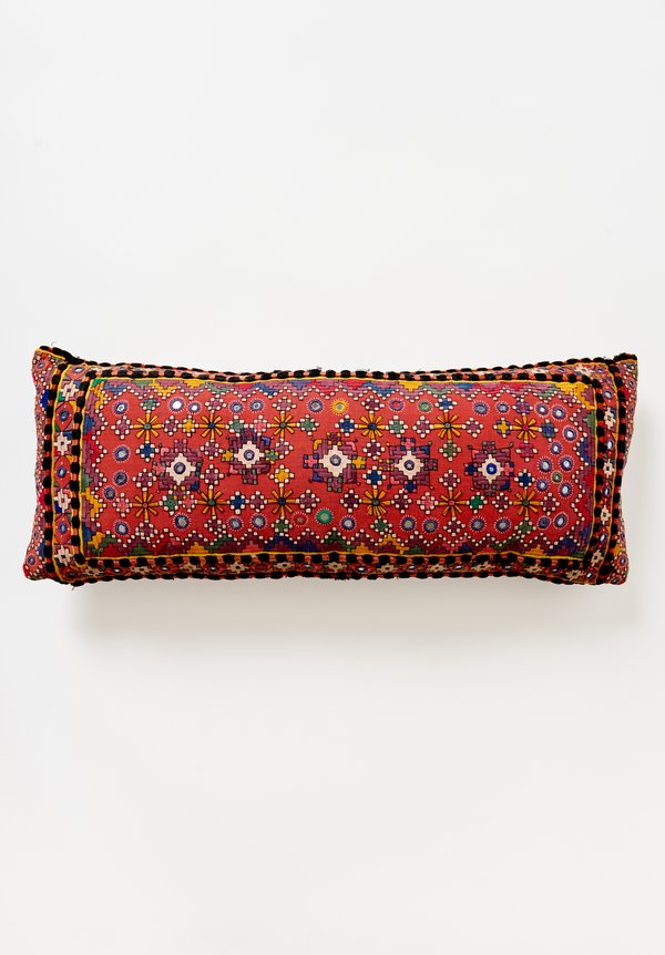 Antique Reshmi Embroidered Long Lumbar Pillow in Red	