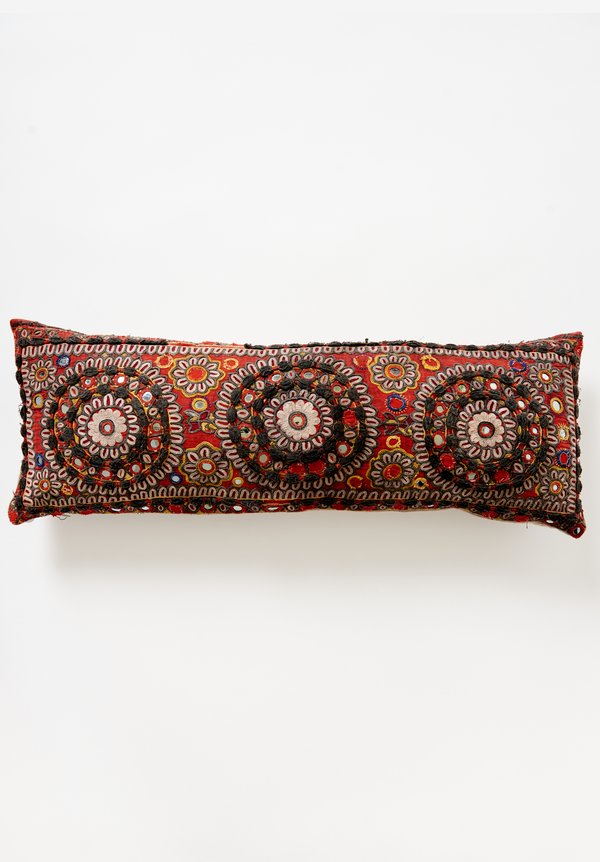 Antique Reshmi Embroidered Long Lumbar Pillow in Black/ Red	