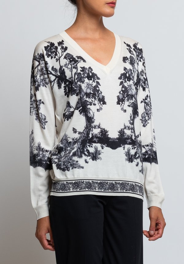 Etro V-Neck Forest Print Sweater in White	