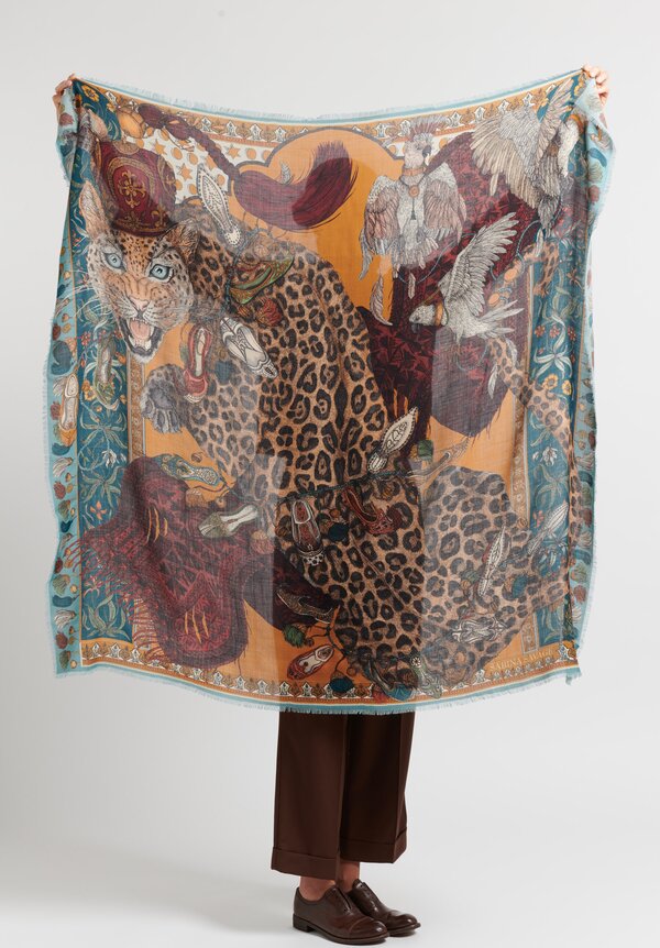 Sabina Savage Cashmere Leopard's Bazaar Scarf in Teal / Tumeric	