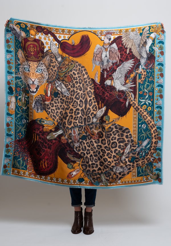 Sabina Savage Silk Twill Leopard's Bazaar Scarf in Teal/ Turmeric	