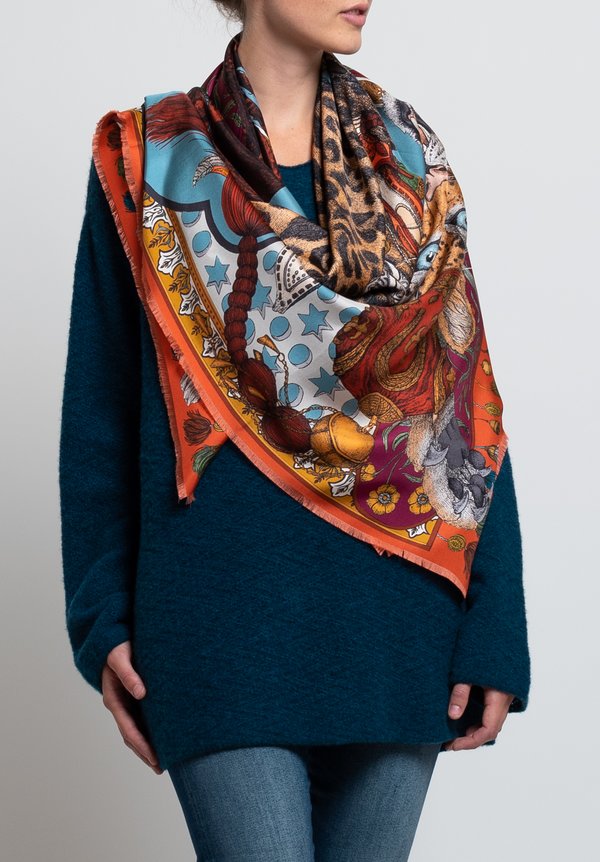 Sabina Savage Silk Twill Leopard's Bazaar Scarf in Saffron / Cerulean	