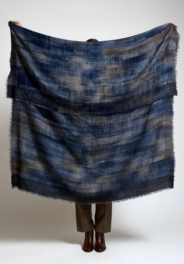 Alonpi Cashmere Hand-Painted Odissea Scarf in Navy	
