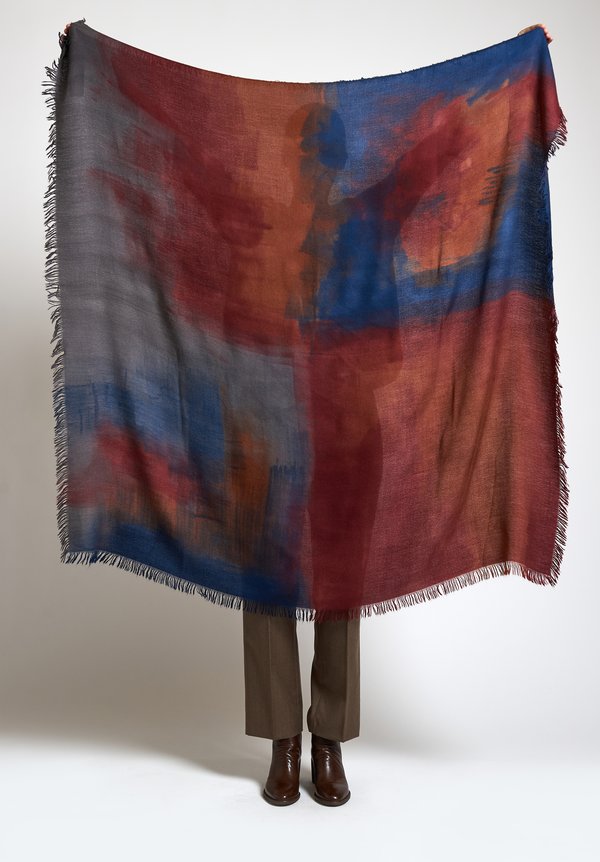 Alonpi Cashmere Hand-Painted Lodo Scarf in Red / Blue	