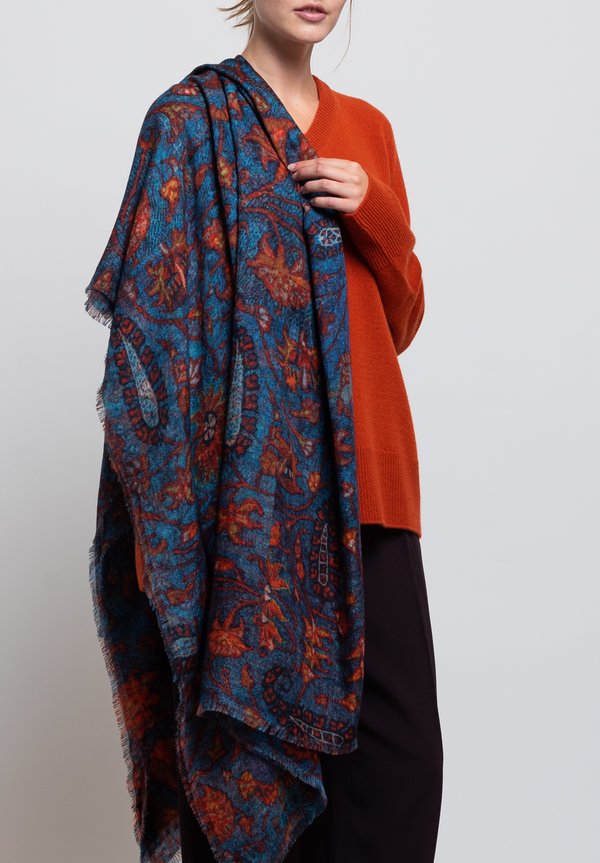 Alonpi Cashmere Printed Scarf in Rubble Blue	