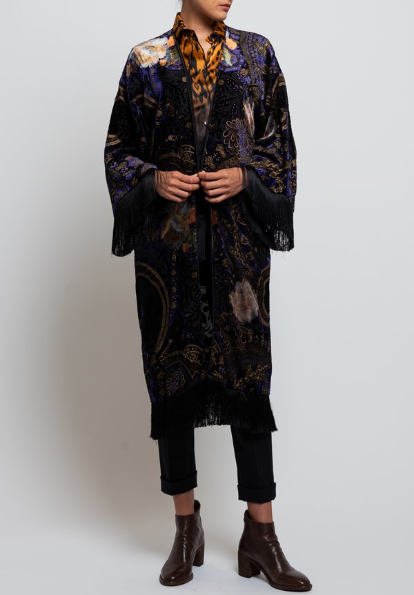 Etro Velvet Paisley & Floral Fringe Jacket in Black/ Purple	