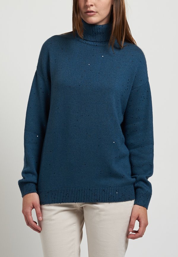 Brunello Cucinelli Sequin Turtleneck Sweater in Smoky Blue	