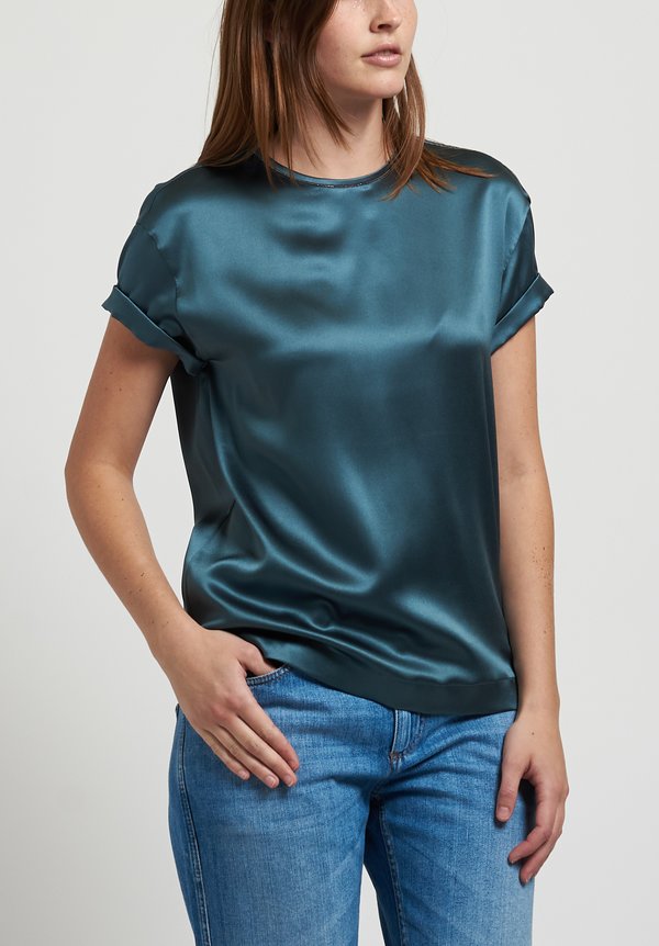 Brunello Cucinelli Satin T-Shirt in Teal | Santa Fe Dry Goods
