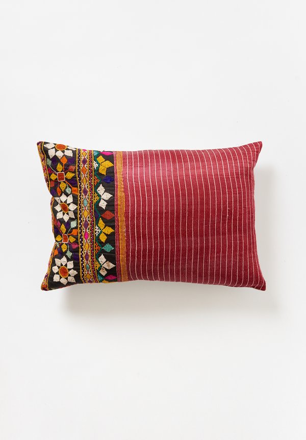 Antique and Vintage Silk Mashru Lumbar Pillow in Raspberry	