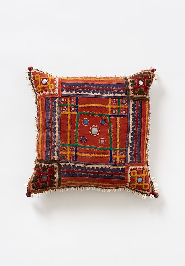 Vintage 16.5'' Banjara Embroidery, Mirror & Cowry Shell Pillow	