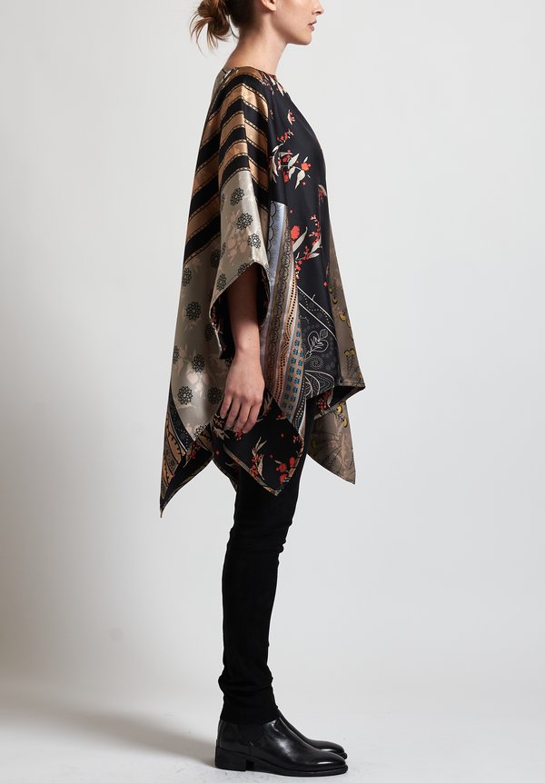 Etro Mixed Floral Print Poncho in Black/ Tan	