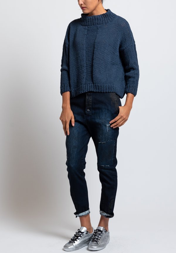Umit Unal Short Reverse Stitch Sweater in Blue	
