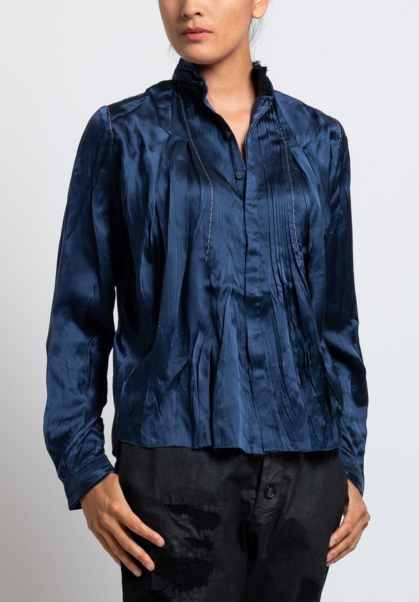 Umit Unal Silk Pleated Front Blouse in Navy	