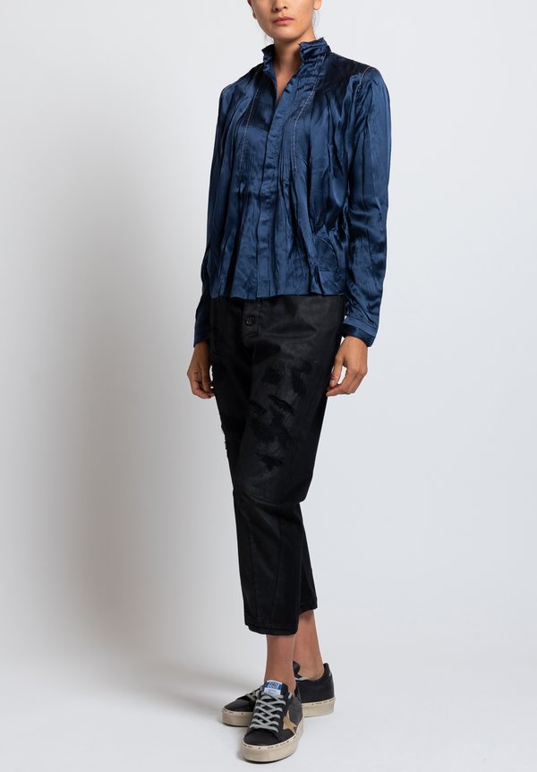 Umit Unal Silk Pleated Front Blouse in Navy	