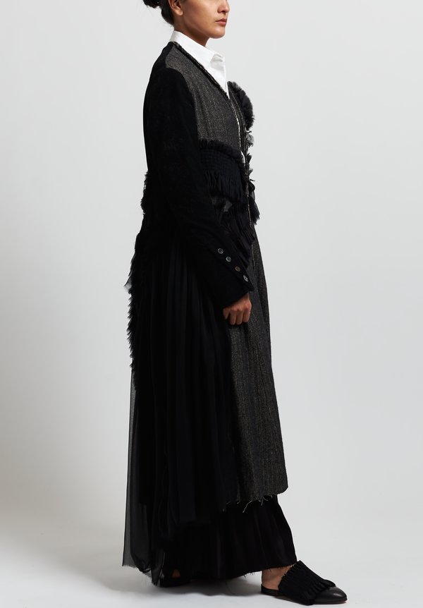 A Tentative Atelier Herringbone & Velvet ''Margrethe'' Coat in Black	