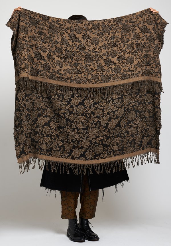 Uma Wang Double-Sided Floral Scarf in Black / Tan	