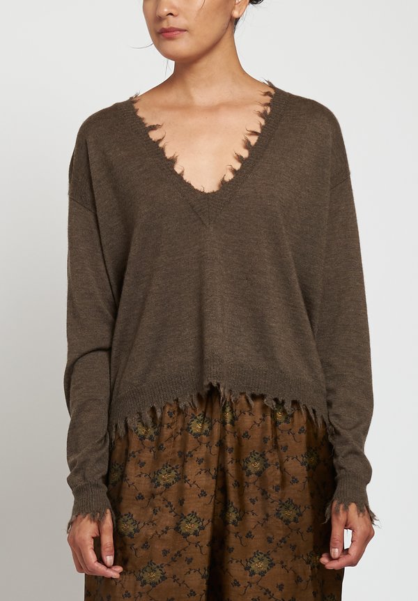 Uma Wang Distressed V-Neck Sweater in Brown	