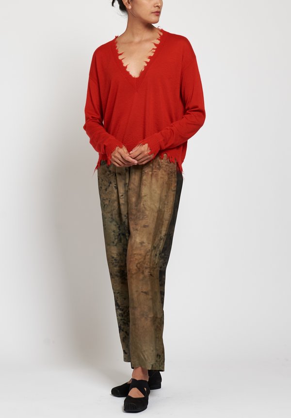 Uma Wang Distressed V-Neck Sweater in Red	
