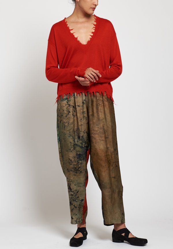 Uma Wang Distressed V-Neck Sweater in Red	