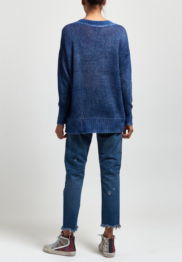 Avant Toi Oversized Linen V-Neck Sweater in Denim