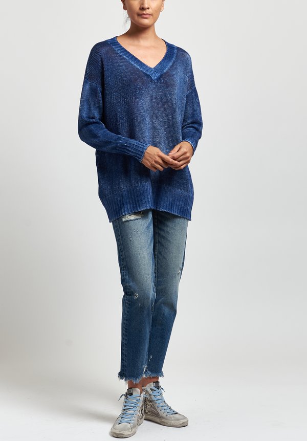 Avant Toi Oversized Linen V-Neck Sweater in Denim