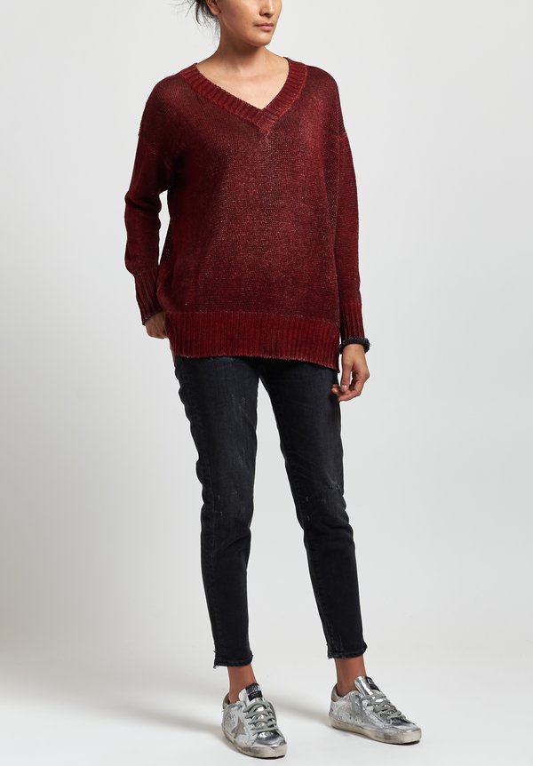Avant Toi Oversized Linen V-Neck Sweater in Mahogany	