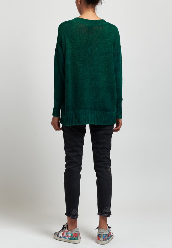 Avant Toi Oversized Linen V-Neck Sweater in Nero/ Smeraldo