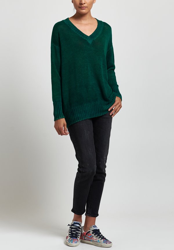 Avant Toi Oversized Linen V-Neck Sweater in Nero/ Smeraldo