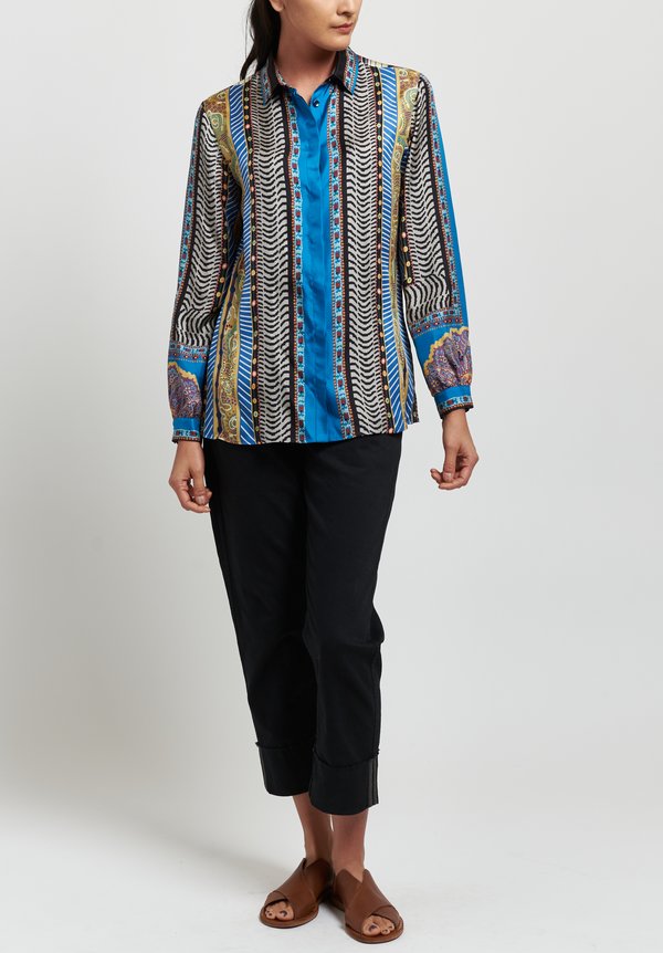 Etro Silk Twill Mixed Geometric Print Shirt in Blue