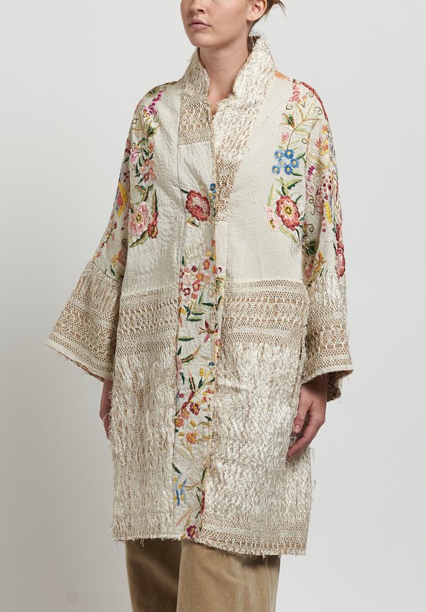 By Walid Silk Piano Shawl Jasemine Coat in Ivory/ Pink