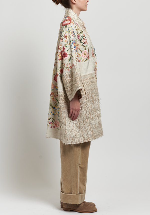 By Walid Silk Piano Shawl Jasemine Coat in Ivory/ Pink
