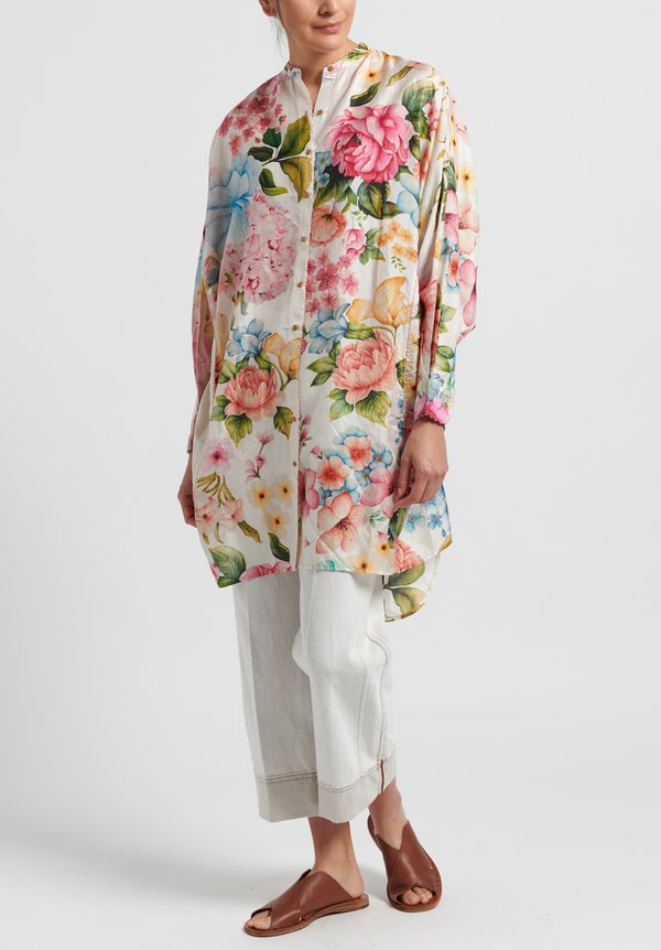 Péro Silk Floral Oversized Button Down in White/ Pink