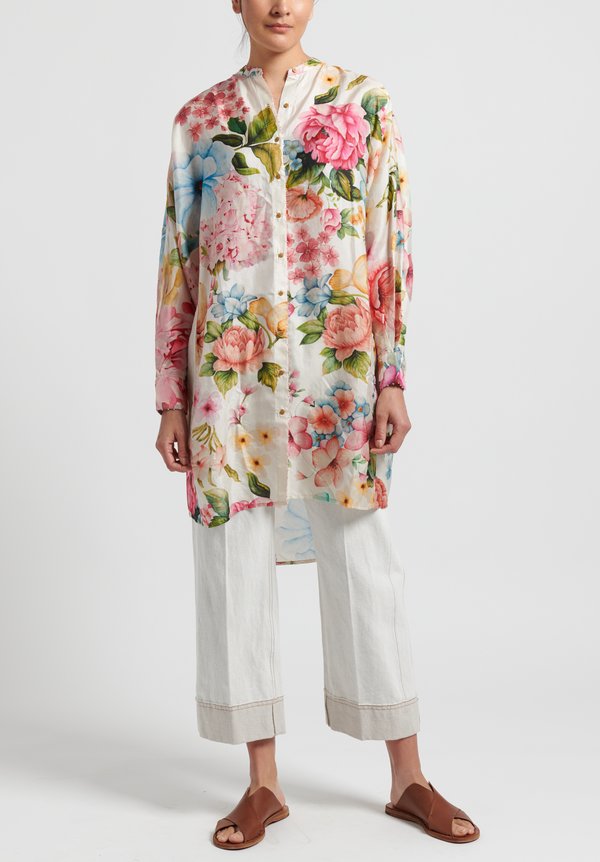Péro Silk Floral Oversized Button Down in White/ Pink