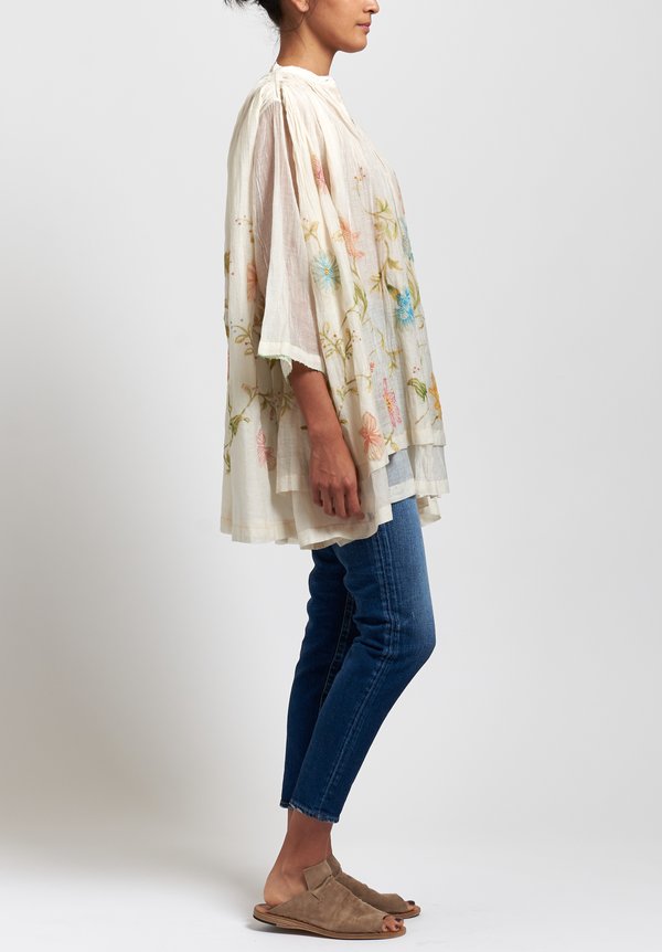 Péro Cotton/ Silk Embroidered Gathered Top in Off Whit