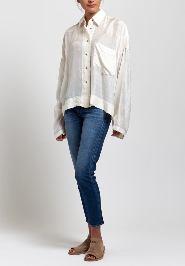 Péro Silk Solid Long Sleeve Shirt in White/ Red Stitches