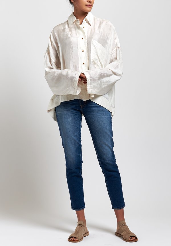 Péro Silk Solid Long Sleeve Shirt in White/ Red Stitches