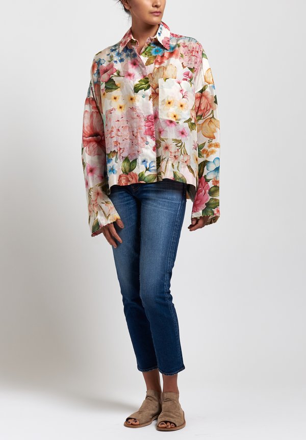 Péro Silk Floral Long Sleeve Shirt in White/ Pink