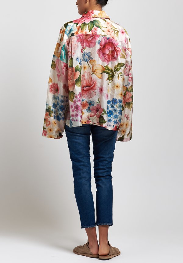Péro Silk Floral Long Sleeve Shirt in White/ Pink