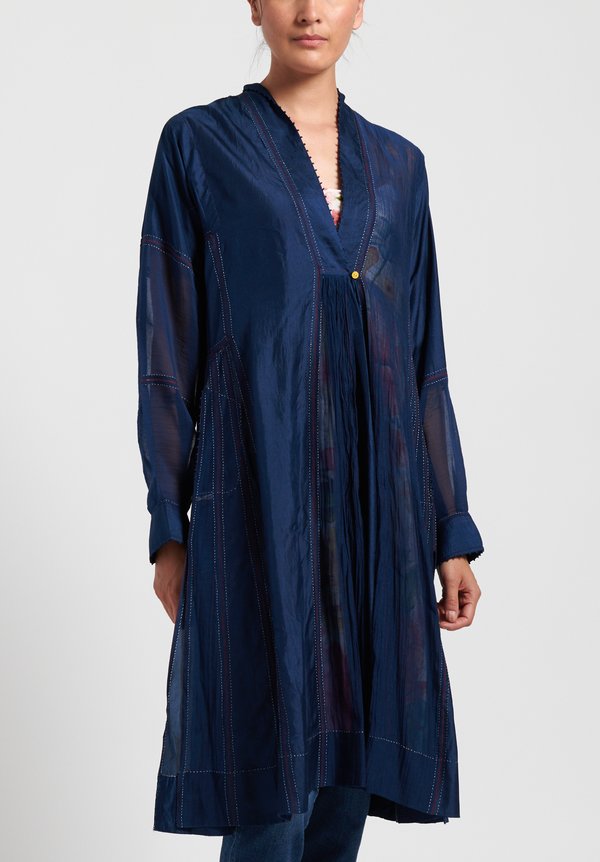 Péro Silk/ Cotton V-Neck Dress in Navy Blue