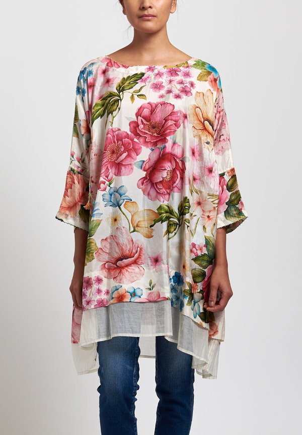 Péro Silk Floral Tunic in White/ Pink
