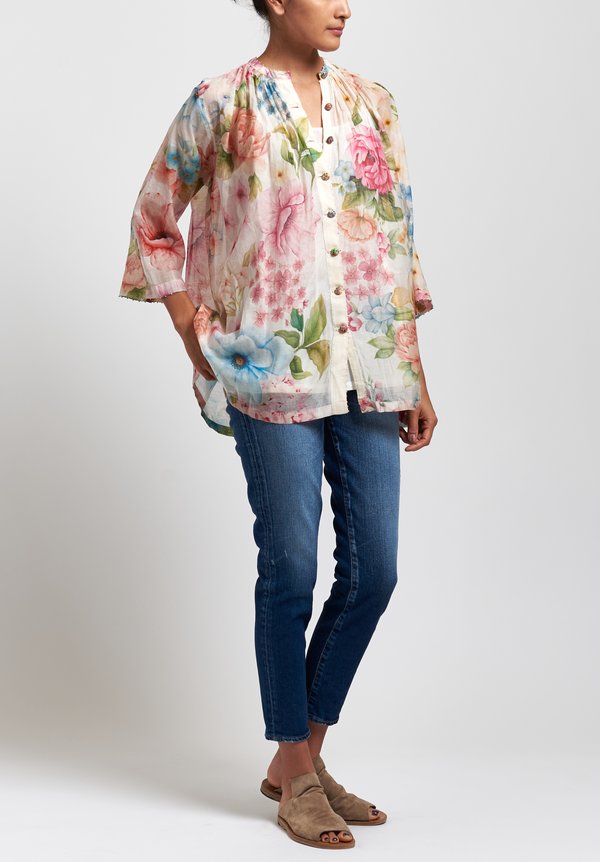 Péro Cotton/ Silk Floral Gathered Shirt in White/ Pink