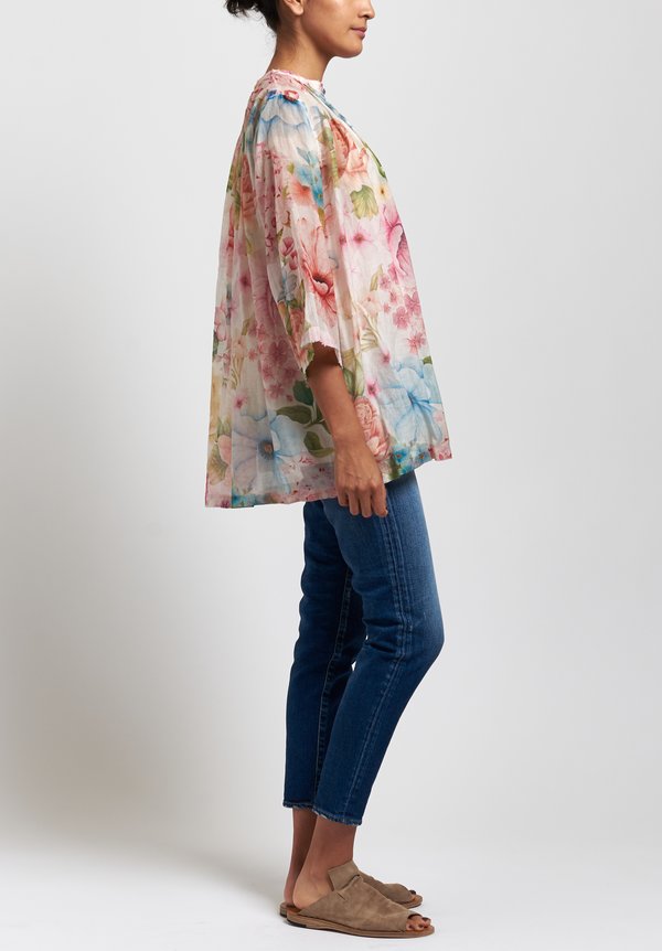 Péro Cotton/ Silk Floral Gathered Shirt in White/ Pink