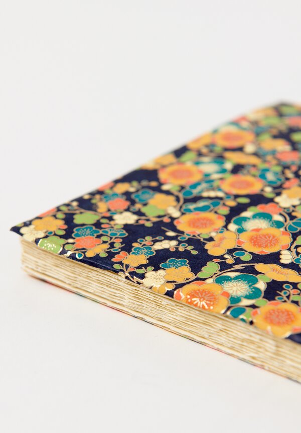 Elam Handprinted Japanese Chiyogami Paper Notebook in Orange Flowers/ Blue	
