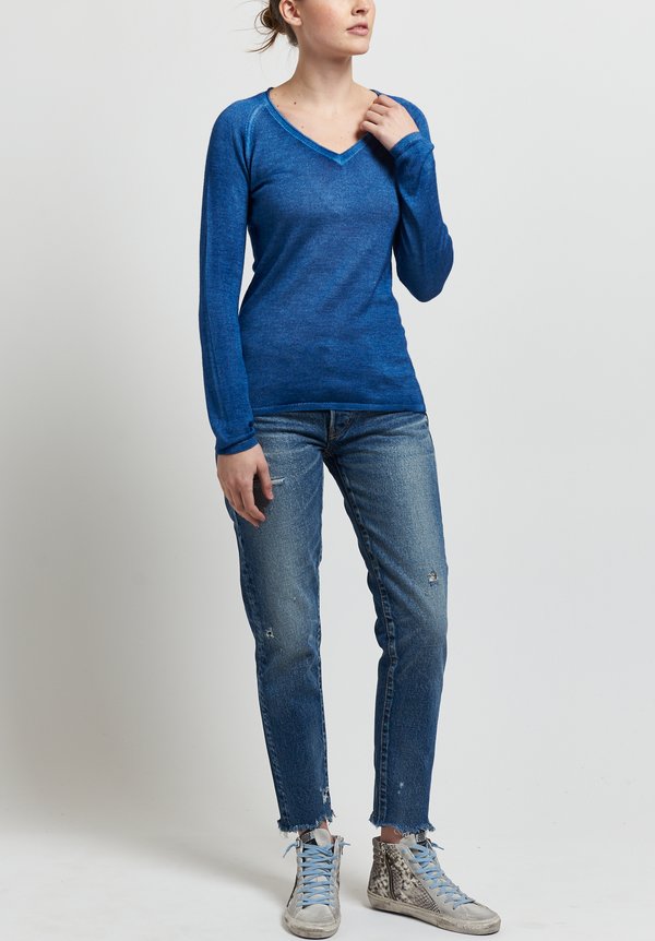 Avant Toi Cashmere/ Silk Raglan Sleeve V-Neck Sweater in Denim